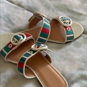 kate spade Teal, Coral and Cream Striped Slide Sandals